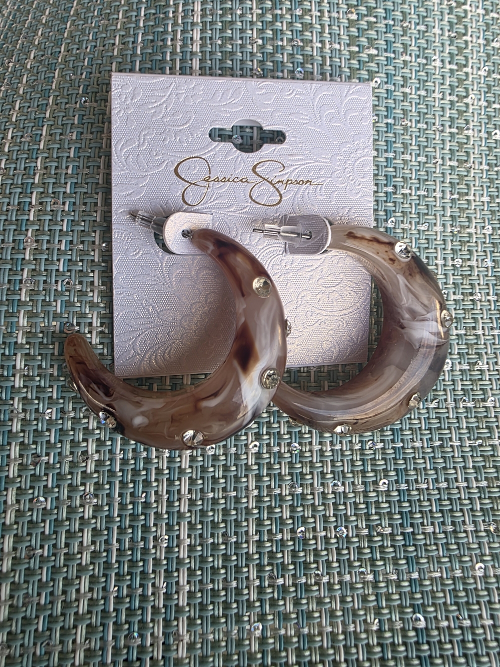 Jessica Simpson Brown Tortoiseshell Hoop Earrings with Crystals